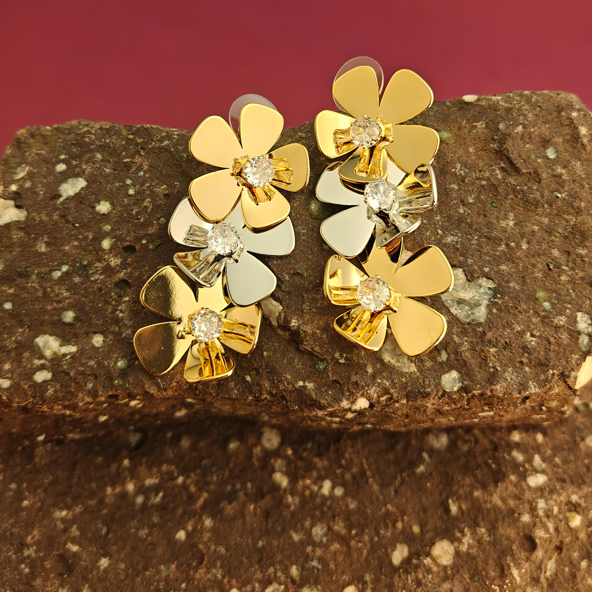 Gaurangi Bloomstone Dual-Tone Floral Statement Earrings – Gold & Black Enamel with Sparkling Crystals