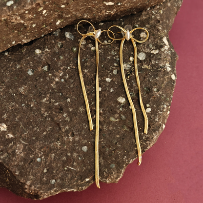 Elegant Pearl Bow Long Drop Earrings – Gold Plated | Gaurangi