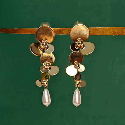 Golden Bloom Cascading Floral Earrings with Pearl Drop – Statement Wedding & Party Jewelry by Gaurangi