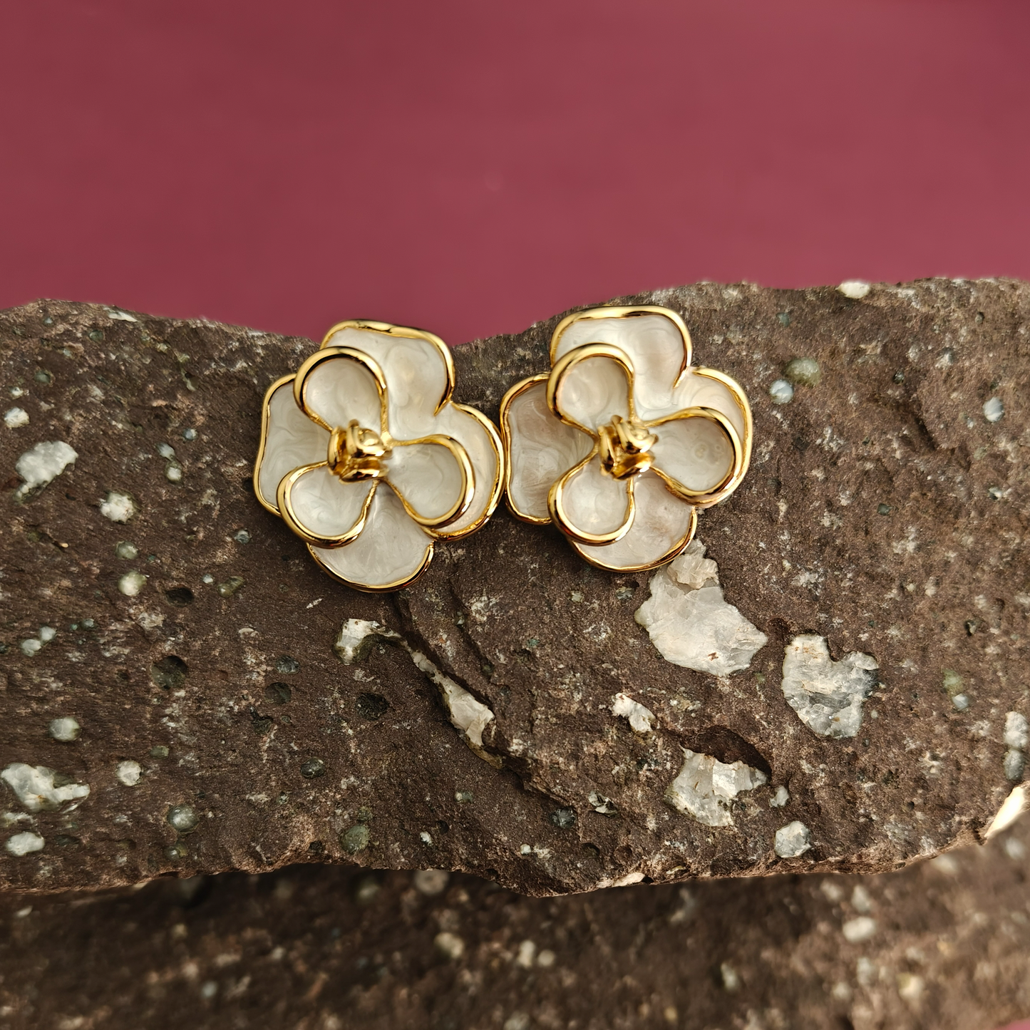 White Enamel Floral Stud Earrings | Elegant Gold-Plated Flower Earrings for Women | Gaurangi Designer Jewelry