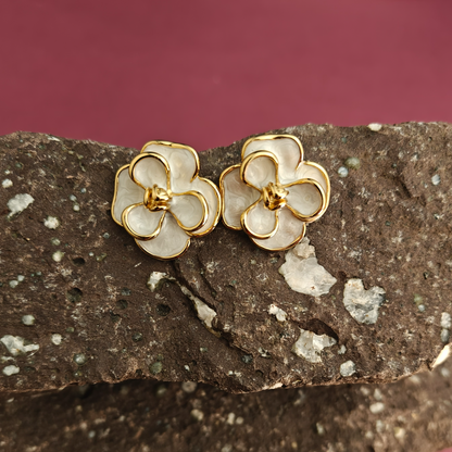 White Enamel Floral Stud Earrings | Elegant Gold-Plated Flower Earrings for Women | Gaurangi Designer Jewelry
