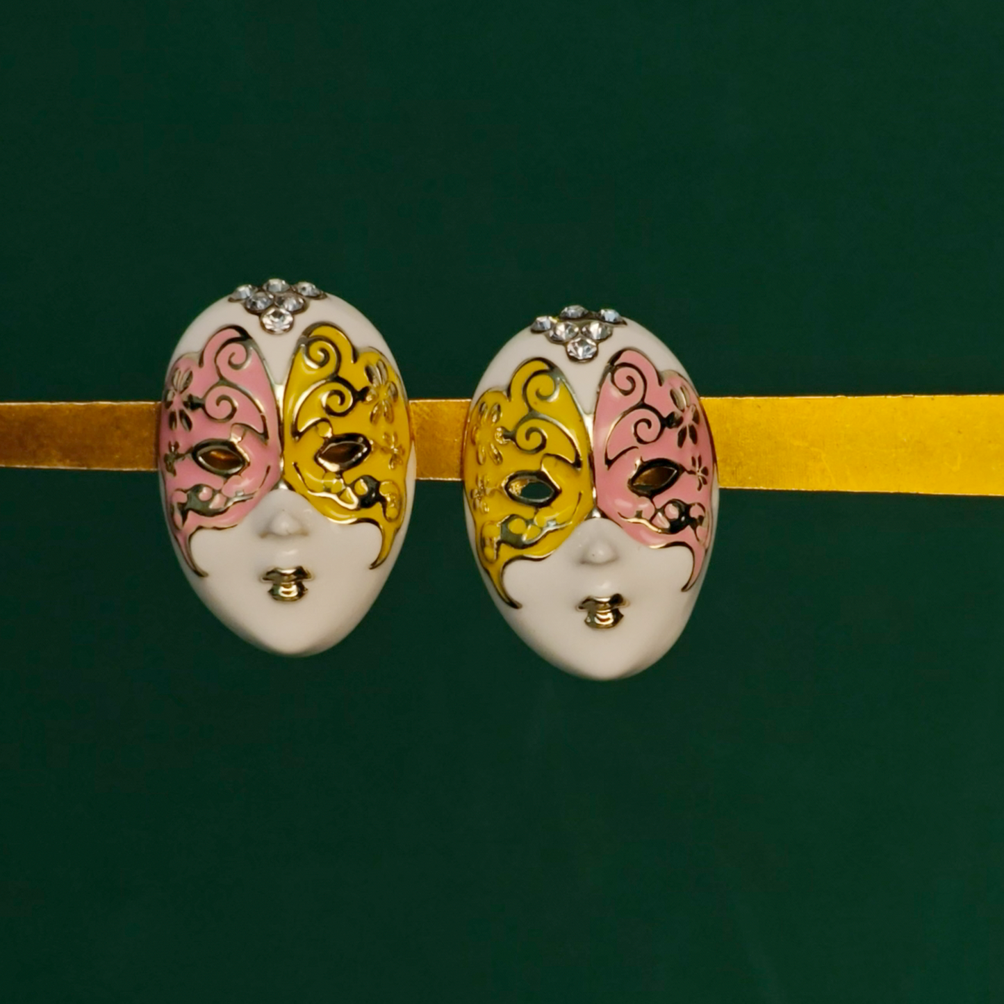Venetian Masquerade Enamel Stud Earrings – Pink & Gold Artistic Statement Jewelry