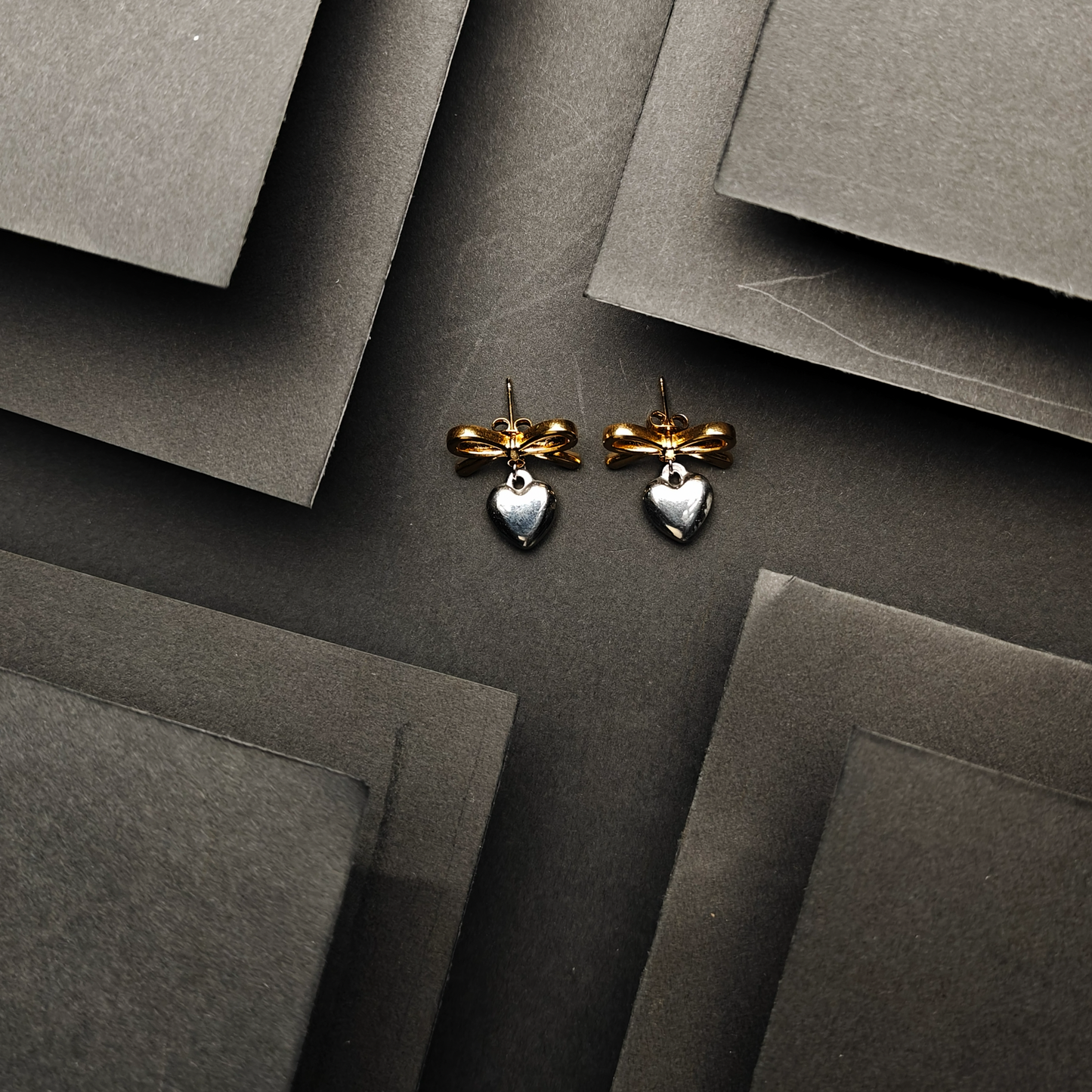 Golden Bow Charm Heart Drop Earrings