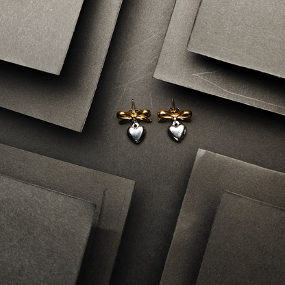 Golden Bow Charm Heart Drop Earrings
