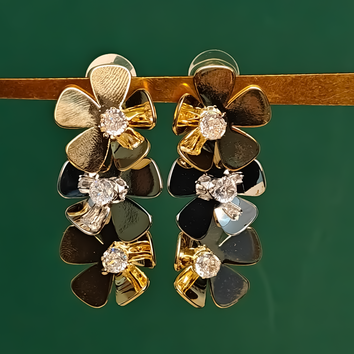 Gaurangi Bloomstone Dual-Tone Floral Statement Earrings – Gold & Black Enamel with Sparkling Crystals