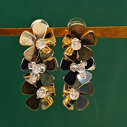 Gaurangi Bloomstone Dual-Tone Floral Statement Earrings – Gold & Black Enamel with Sparkling Crystals