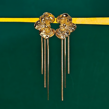 Gaurangi Gold-Plated Floral Statement Dangler Earrings with Long Tassels | Premium Party & Wedding Wear Jewelry
