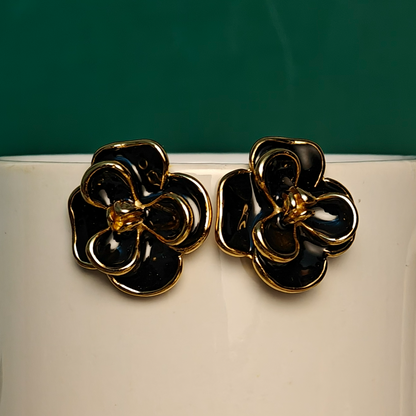 Black Enamel Floral Stud Earrings | Elegant Gold-Plated Flower Earrings for Women | Daily Wear & Party Wear Statement Studs