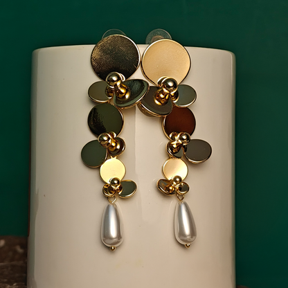 Golden Bloom Cascading Floral Earrings with Pearl Drop – Statement Wedding & Party Jewelry by Gaurangi