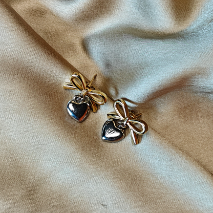 Golden Bow Charm Heart Drop Earrings