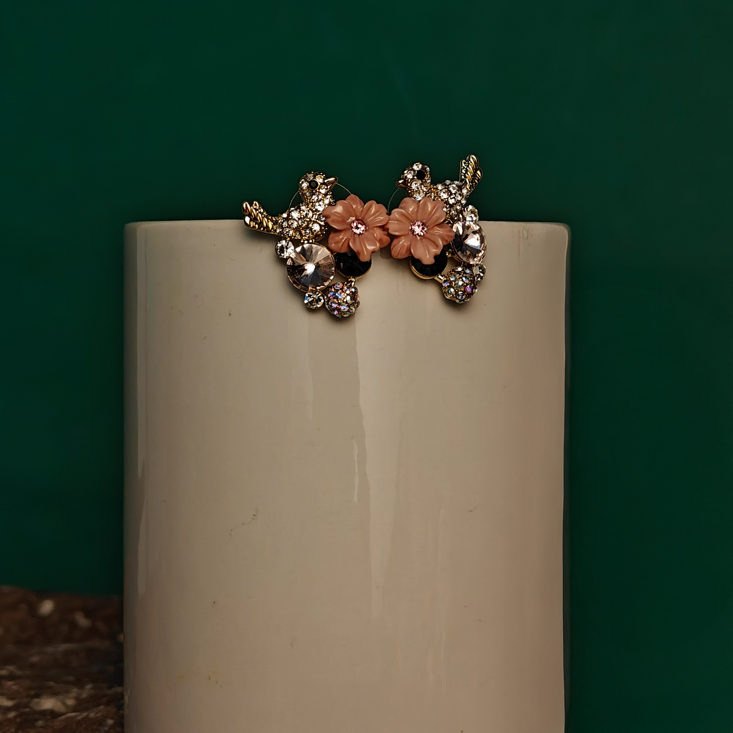 Enchanted Blossom Bird Stud Earrings – Pink Floral Crystal Studs