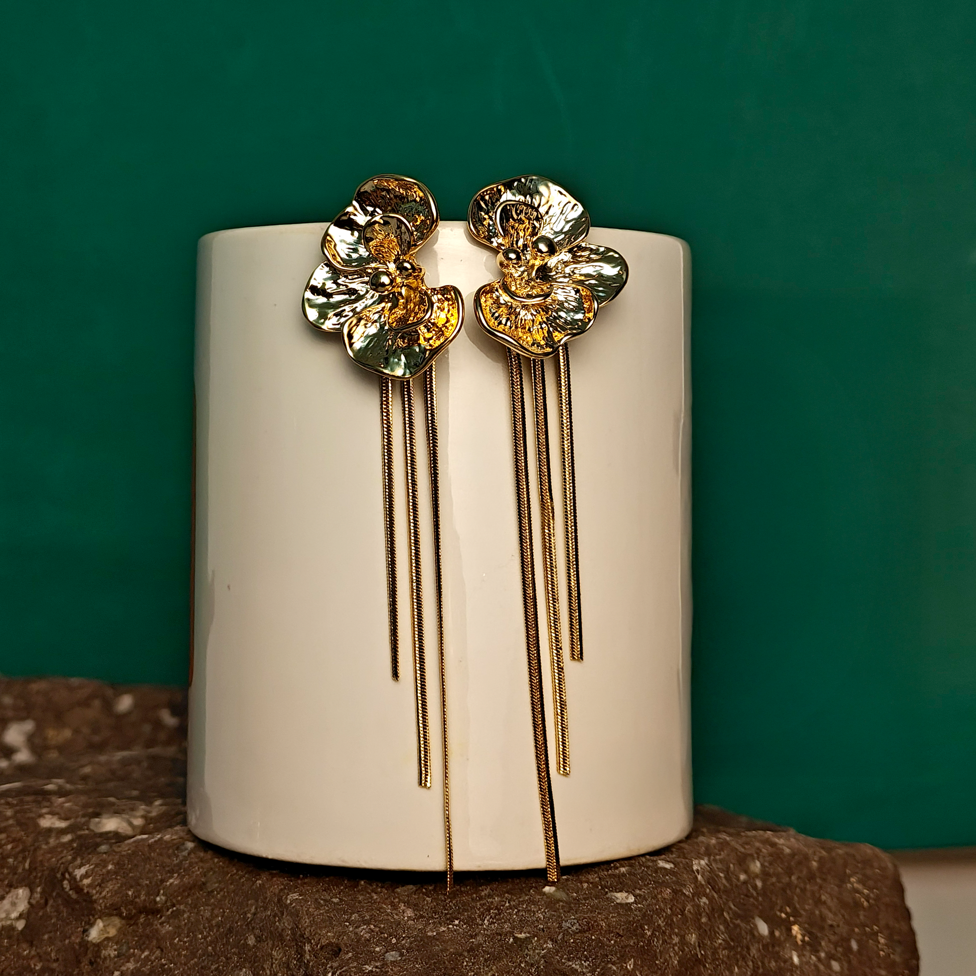 Gaurangi Gold-Plated Floral Statement Dangler Earrings with Long Tassels | Premium Party & Wedding Wear Jewelry