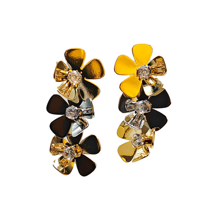 Gaurangi Bloomstone Dual-Tone Floral Statement Earrings – Gold & Black Enamel with Sparkling Crystals