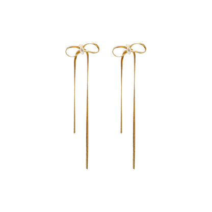 Elegant Pearl Bow Long Drop Earrings – Gold Plated | Gaurangi