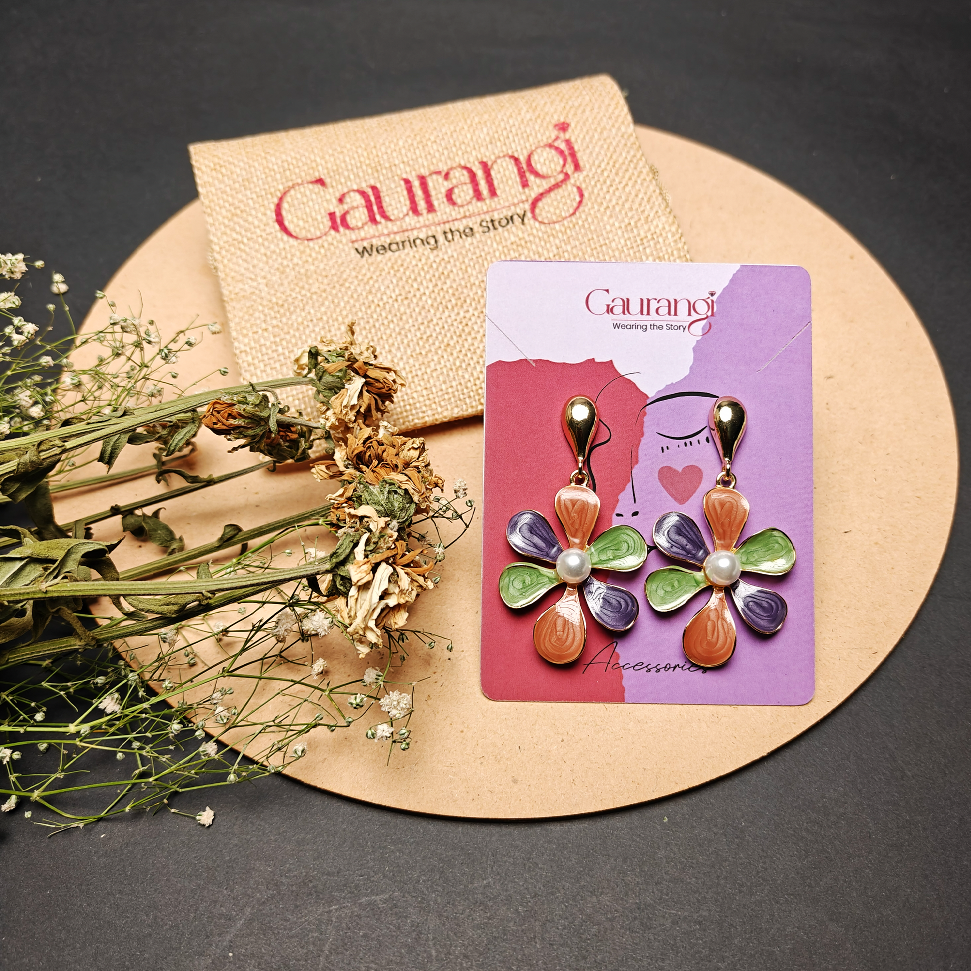 Vintage Floral Drop Earrings – Multicolor Petal Design with Pearl Center