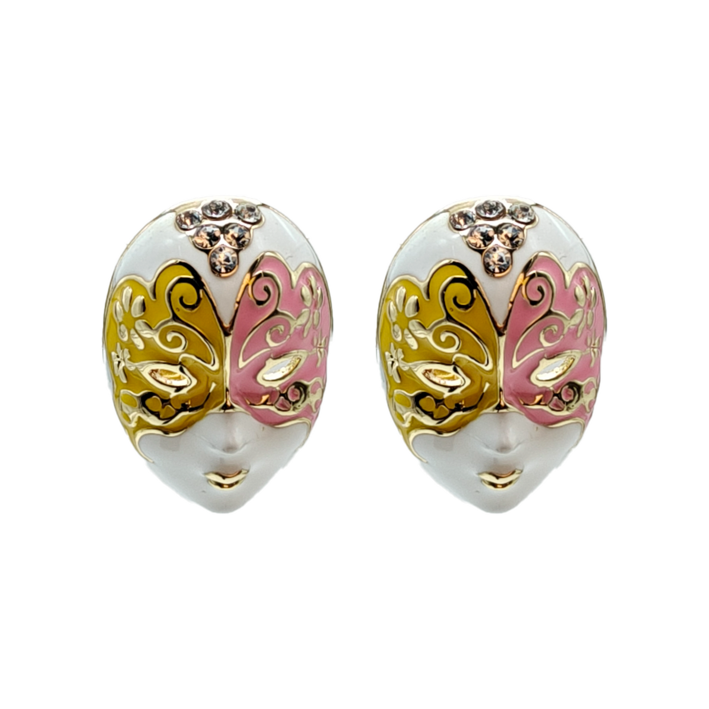 Venetian Masquerade Enamel Stud Earrings – Pink & Gold Artistic Statement Jewelry