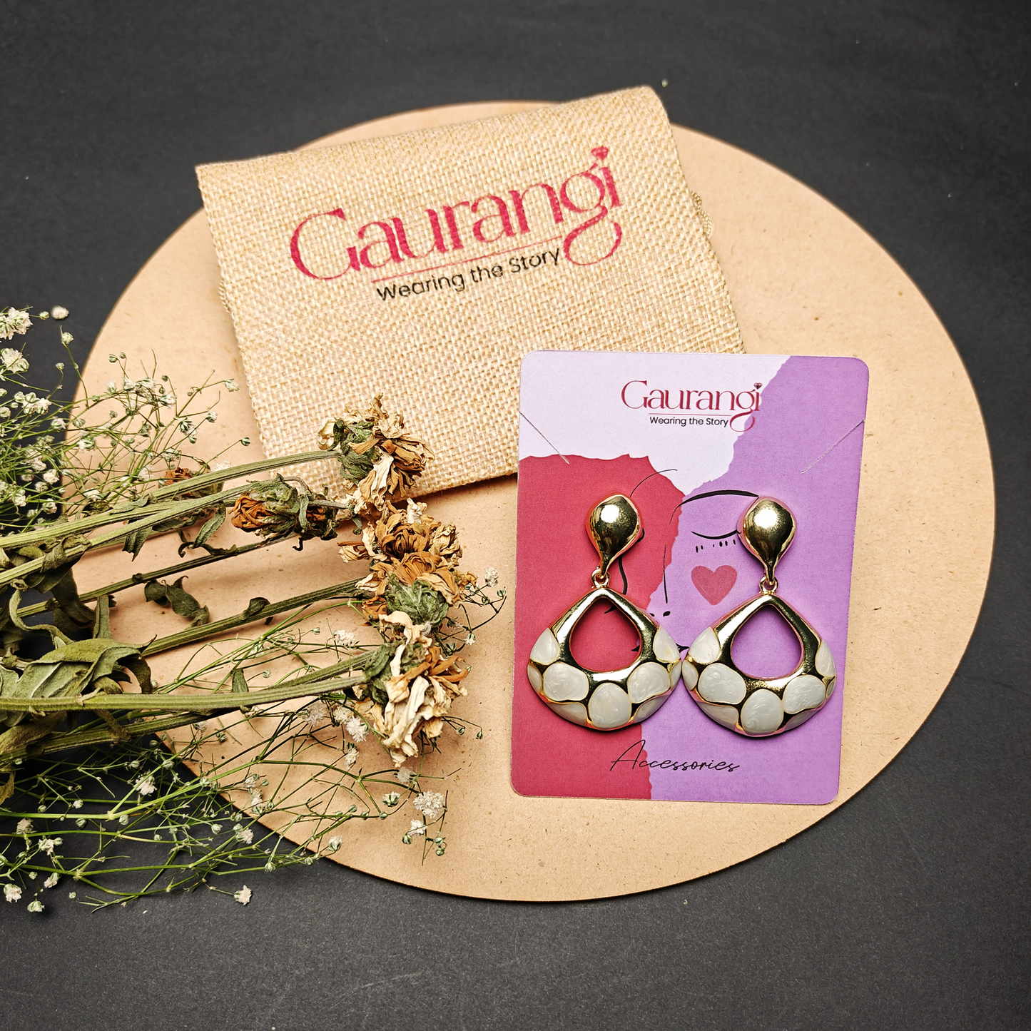 Glossy Pebble Drop Earrings - Gold & Ivory