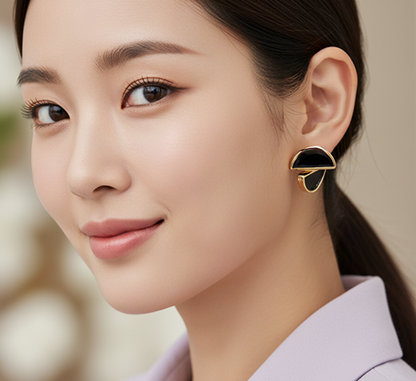 Elegant Black And Gold Geometric Stud Earrings For Women | Modern Half Moon And Teardrop Design Earrings