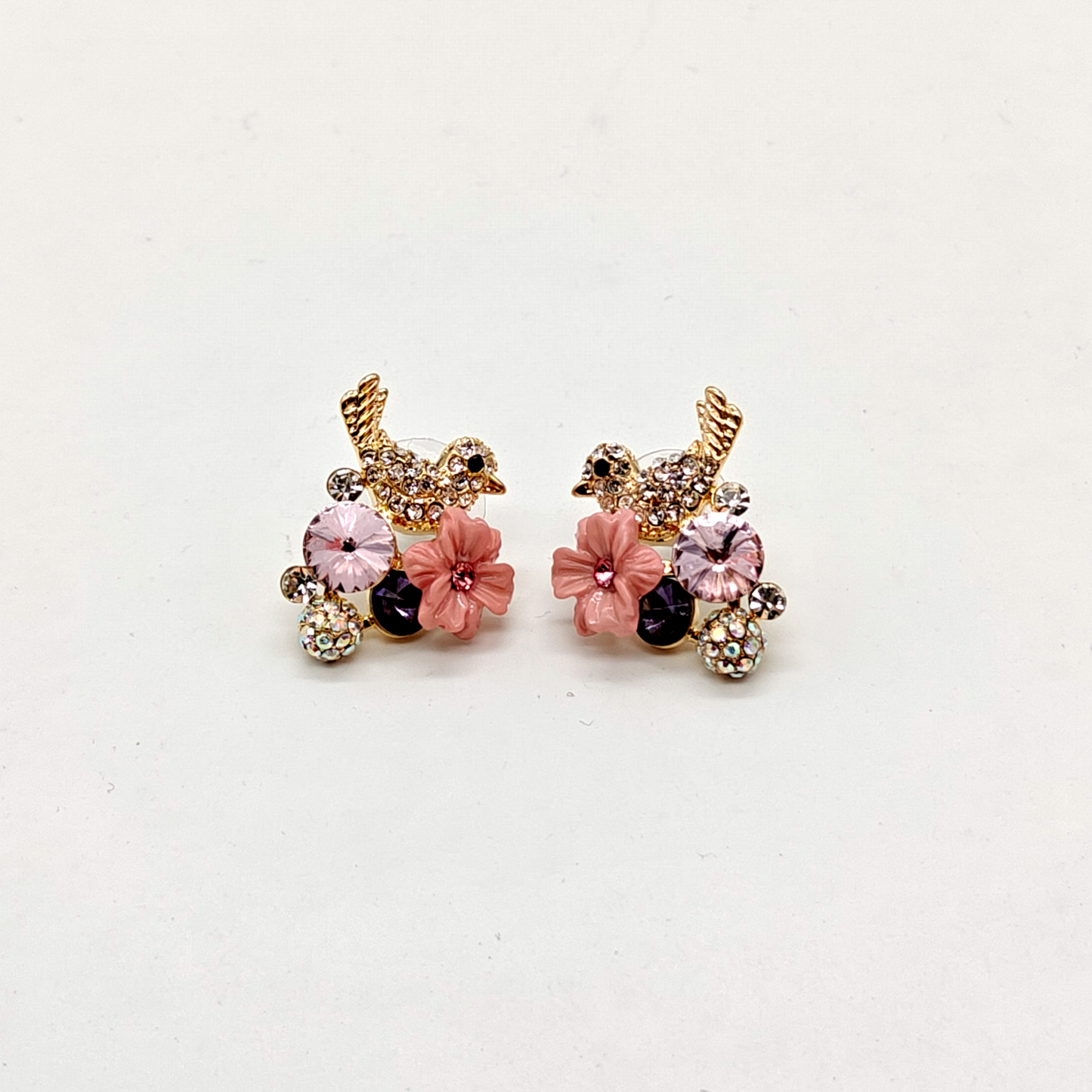 Enchanted Blossom Bird Stud Earrings – Pink Floral Crystal Studs