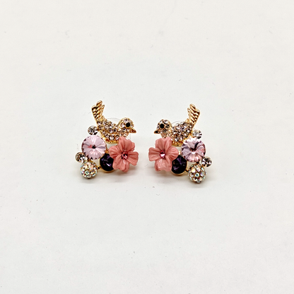 Enchanted Blossom Bird Stud Earrings – Pink Floral Crystal Studs