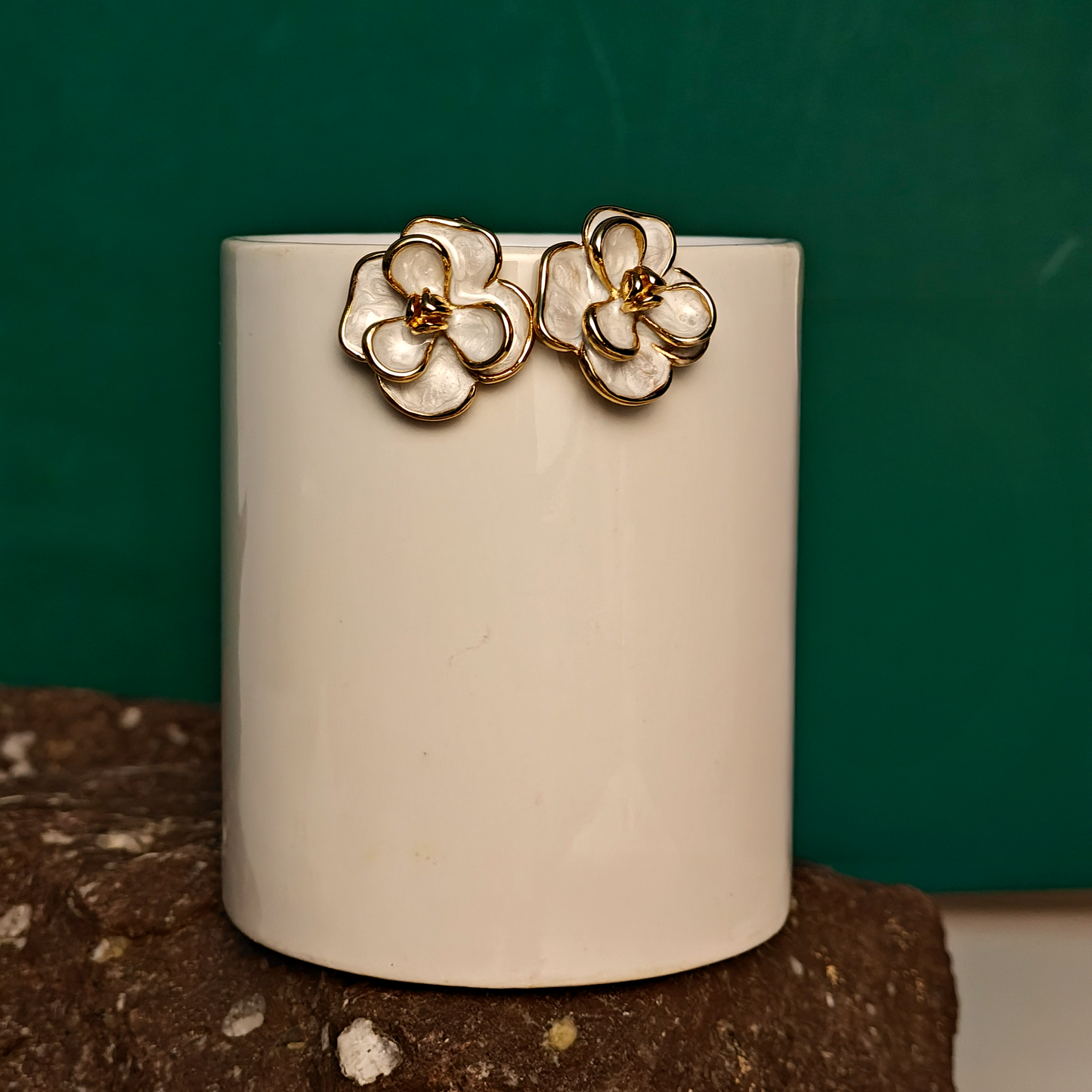 White Enamel Floral Stud Earrings | Elegant Gold-Plated Flower Earrings for Women | Gaurangi Designer Jewelry