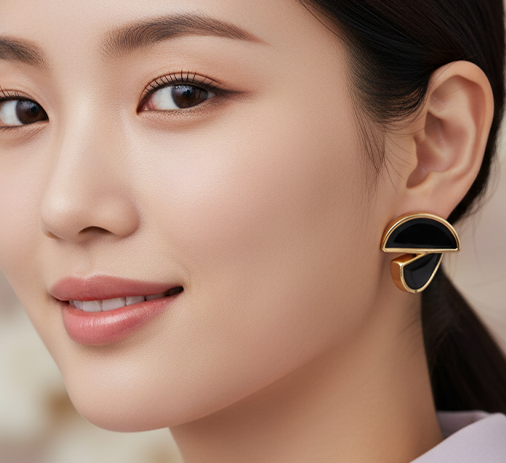 Elegant Black And Gold Geometric Stud Earrings For Women | Modern Half Moon And Teardrop Design Earrings