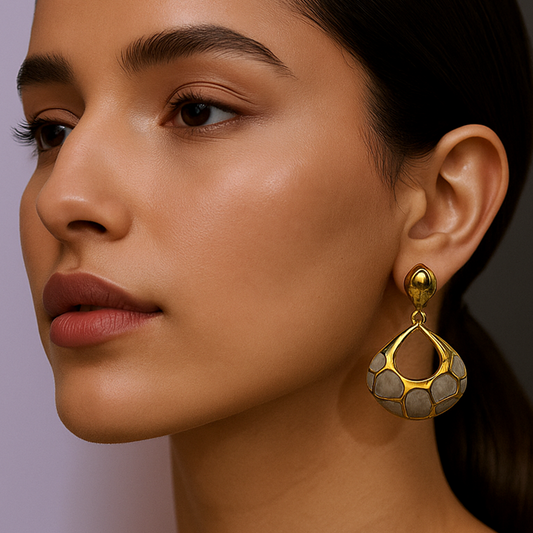 Glossy Pebble Drop Earrings - Gold & Ivory