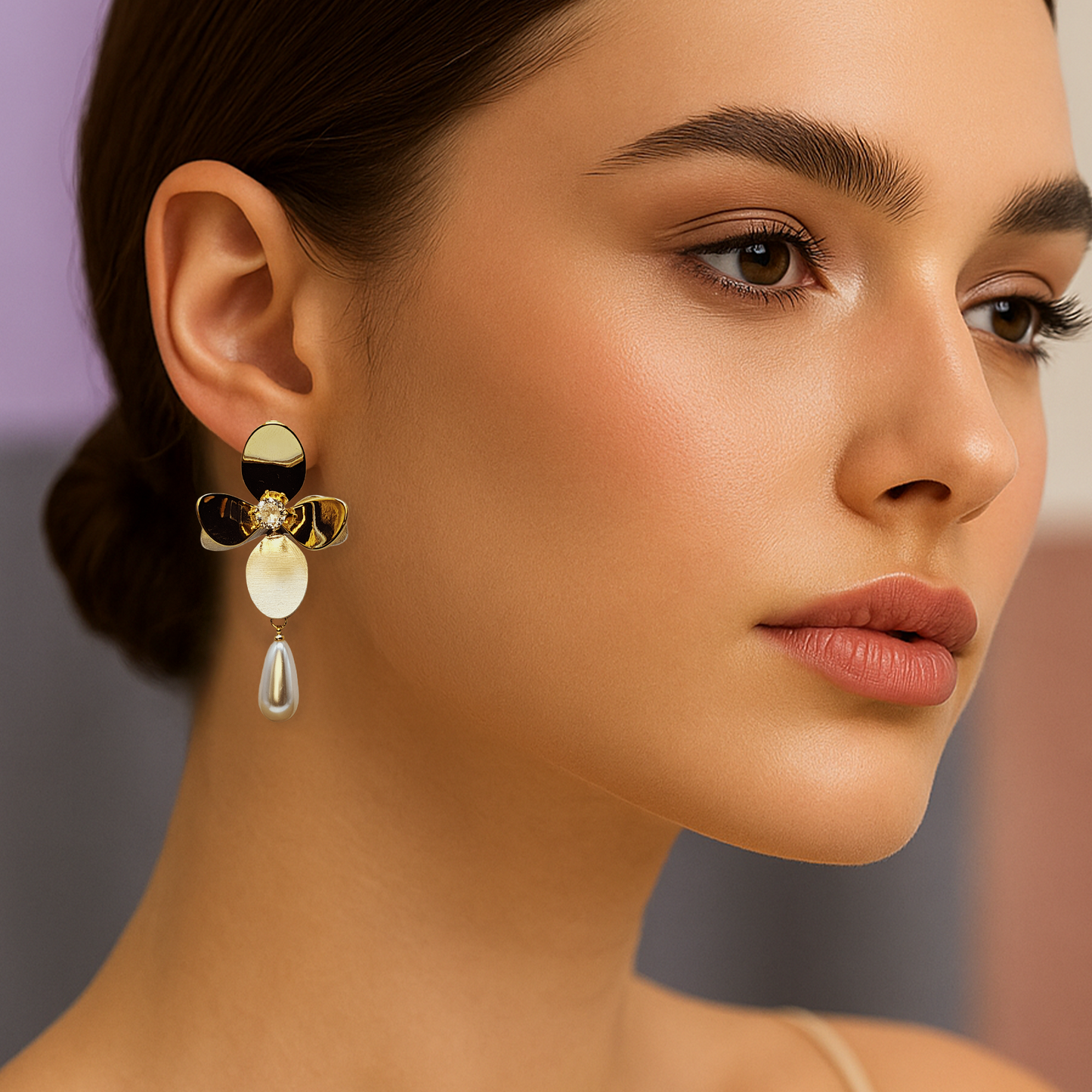 Elegant Gold Blossom Drop Earrings with Pearl Charm – Premium Statement Jewelry