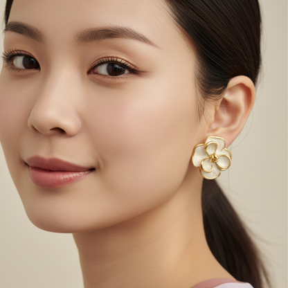 White Enamel Floral Stud Earrings | Elegant Gold-Plated Flower Earrings for Women | Gaurangi Designer Jewelry