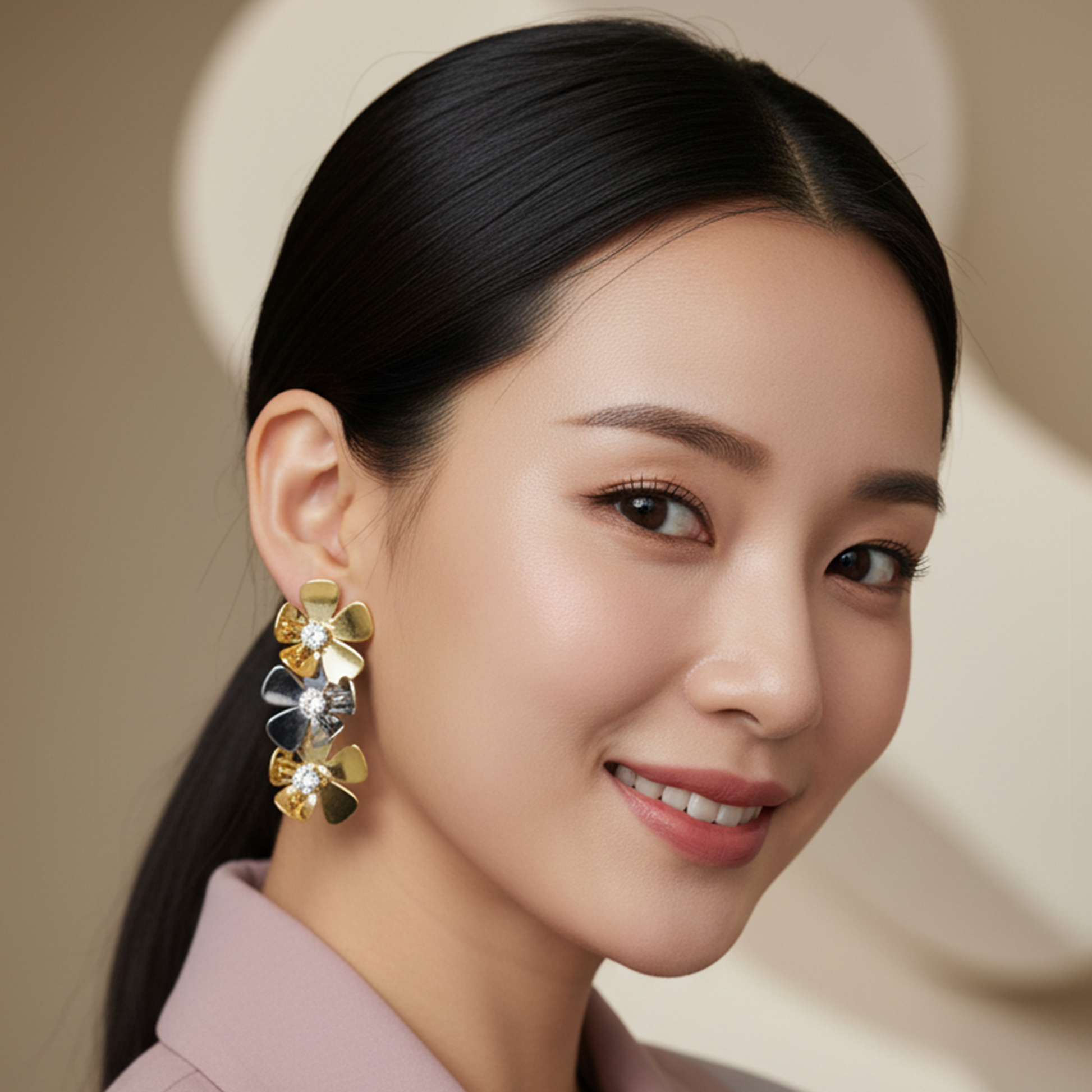 Gaurangi Bloomstone Dual-Tone Floral Statement Earrings – Gold & Black Enamel with Sparkling Crystals