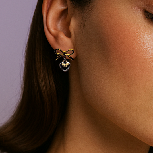 Golden Bow Charm Heart Drop Earrings