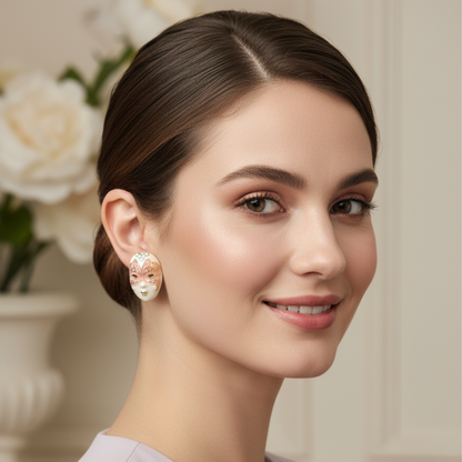 Venetian Masquerade Enamel Stud Earrings – Pink & Gold Artistic Statement Jewelry