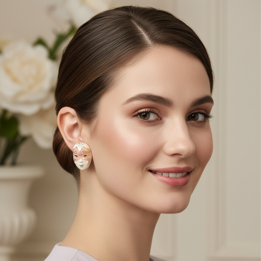 Venetian Masquerade Enamel Stud Earrings – Pink & Gold Artistic Statement Jewelry