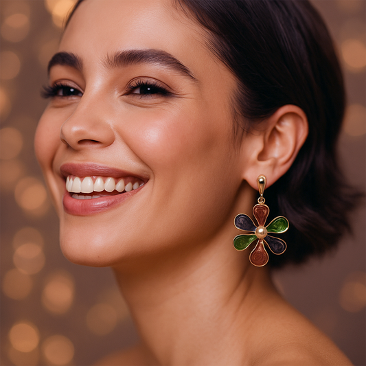 Vintage Floral Drop Earrings – Multicolor Petal Design with Pearl Center