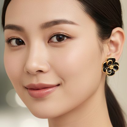 Black Enamel Floral Stud Earrings | Elegant Gold-Plated Flower Earrings for Women | Daily Wear & Party Wear Statement Studs