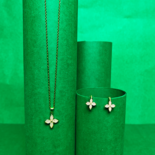 Floral Pendant Necklace & Earrings Set  – Zirconia Crystal, Adjustable