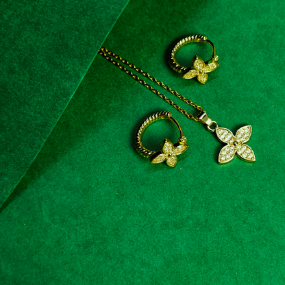 Floral Pendant Necklace & Earrings Set  – Zirconia Crystal, Adjustable