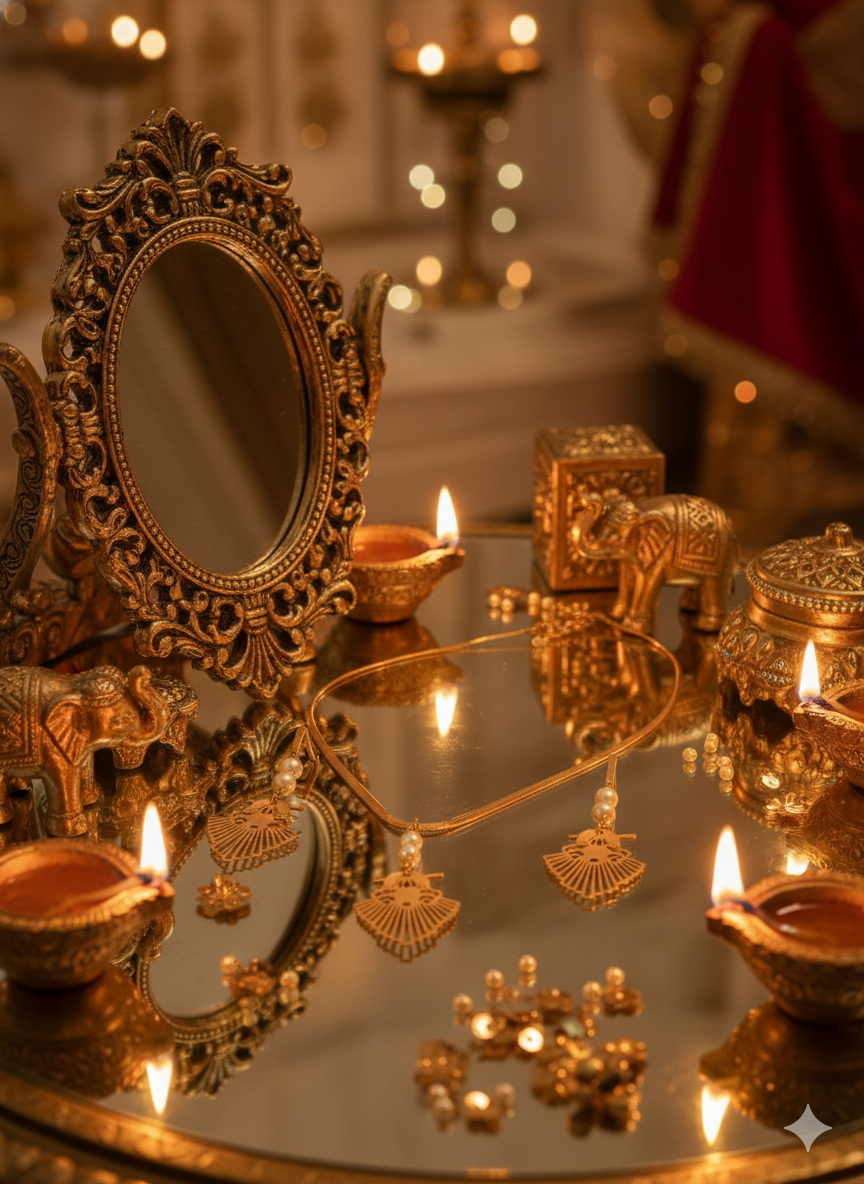 Elegant Gold Plated Fan Motif Necklace Set with Pearls | Gaurangi Jewelry