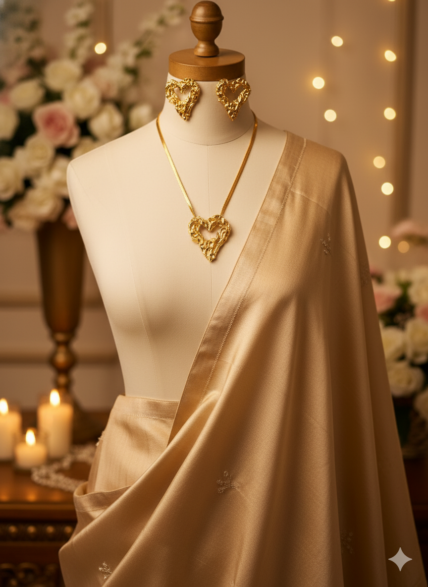 Gaurangi Luxe Heart Gold Necklace Set – Elegant Textured Heart Pendant with Matching Earrings for Women