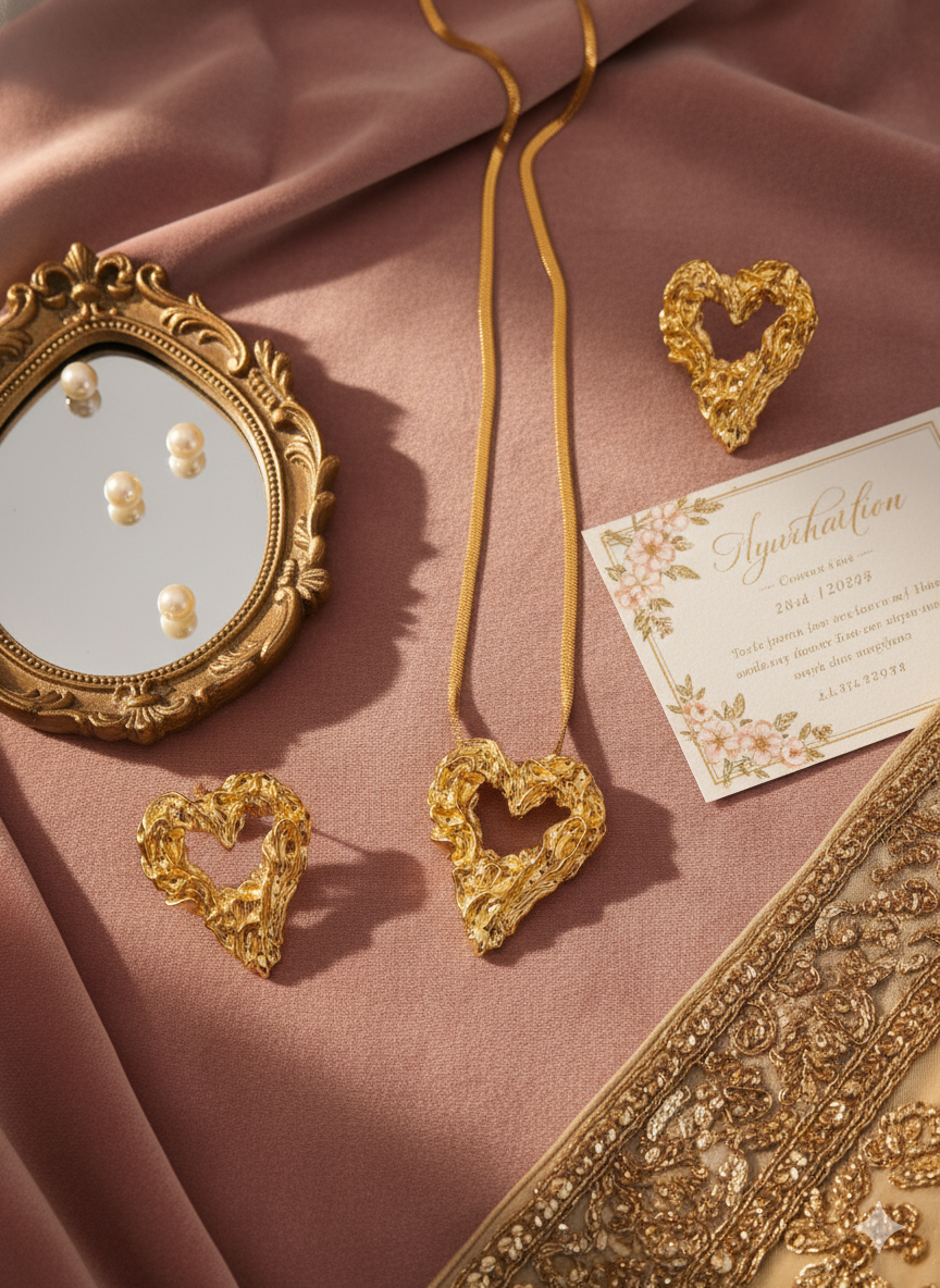 Gaurangi Luxe Heart Gold Necklace Set – Elegant Textured Heart Pendant with Matching Earrings for Women