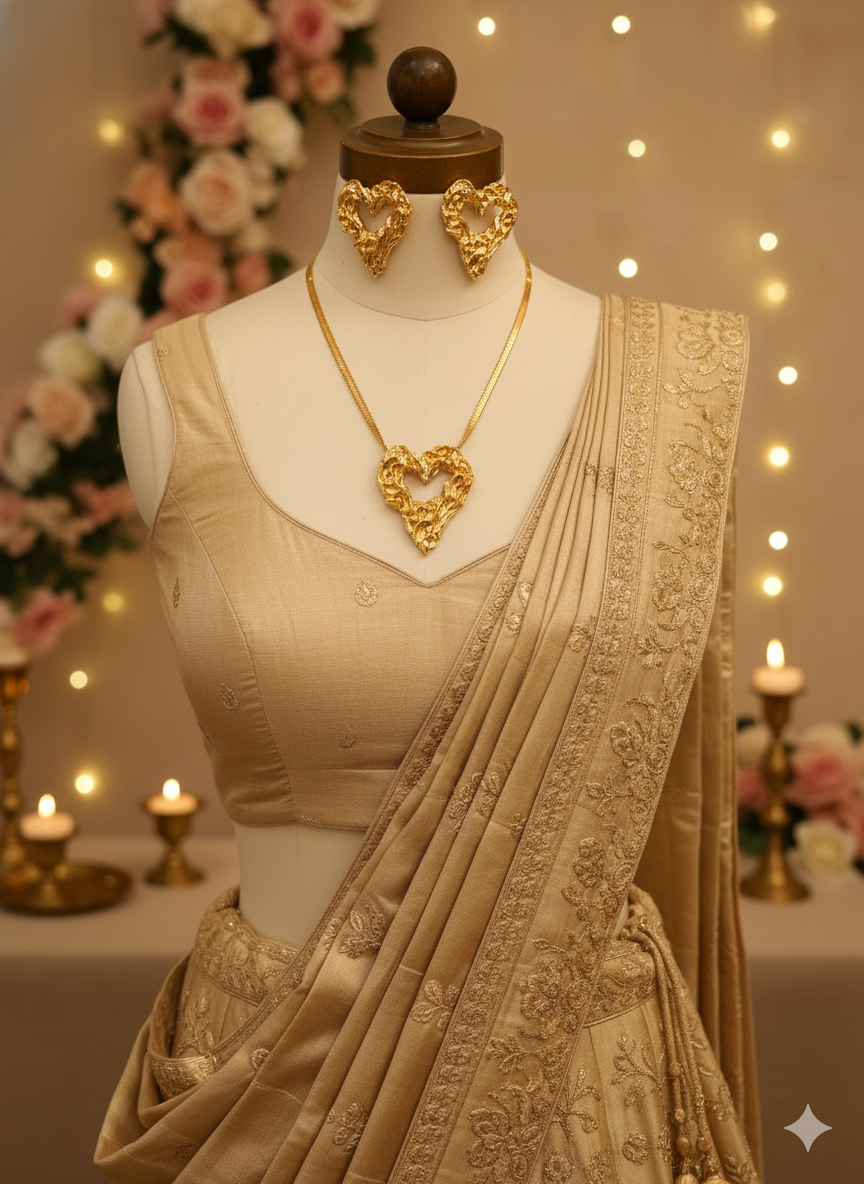 Gaurangi Luxe Heart Gold Necklace Set – Elegant Textured Heart Pendant with Matching Earrings for Women