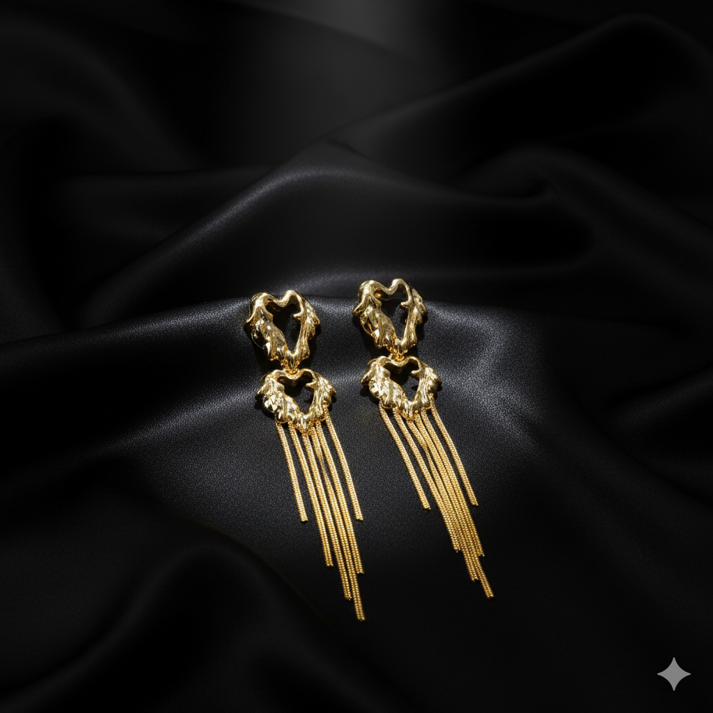 Gaurangi Radiant Gold-Plated Heart Dangler Earrings | Modern Long Tassel Statement Earrings for Women