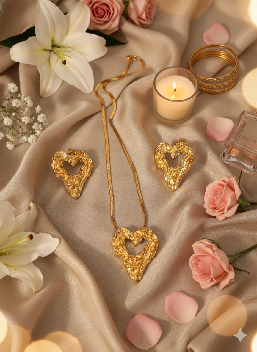 Gaurangi Luxe Heart Gold Necklace Set – Elegant Textured Heart Pendant with Matching Earrings for Women