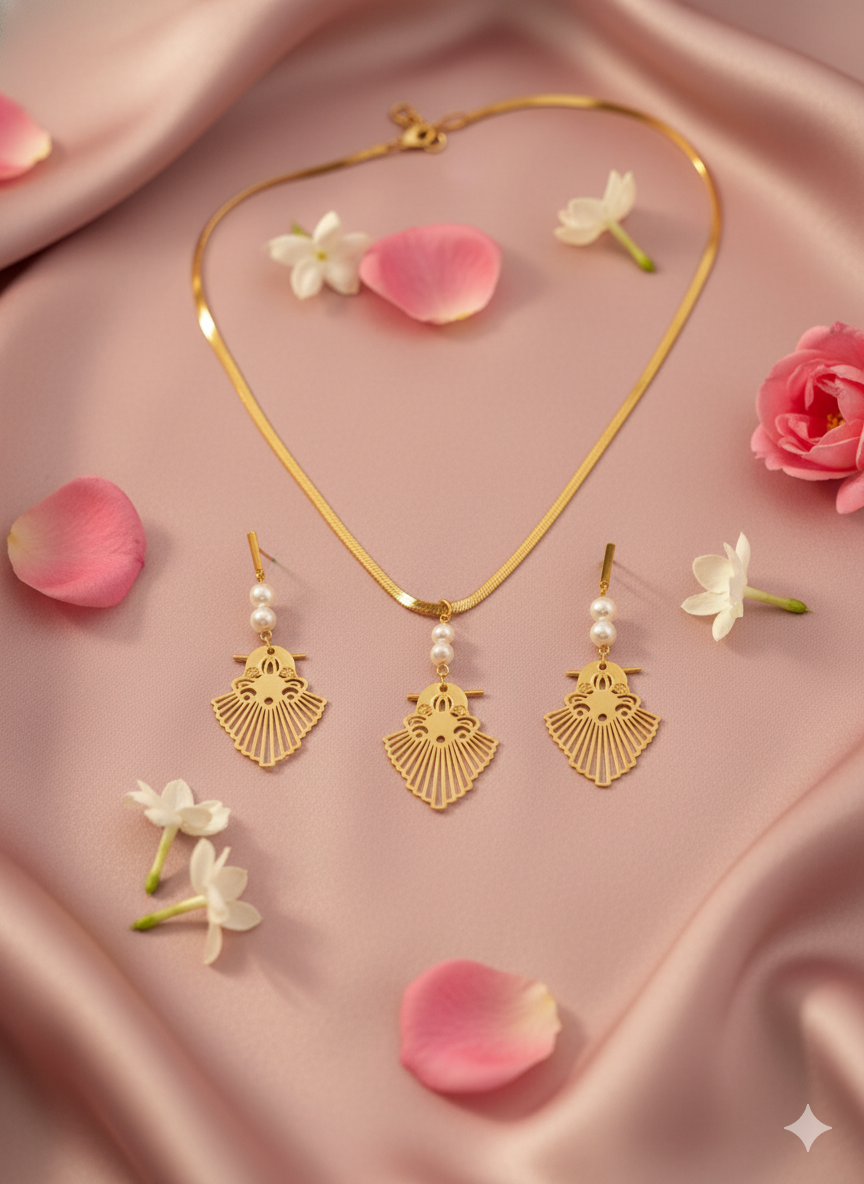 Elegant Gold Plated Fan Motif Necklace Set with Pearls | Gaurangi Jewelry