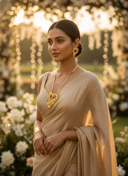 Gaurangi Luxe Heart Gold Necklace Set – Elegant Textured Heart Pendant with Matching Earrings for Women