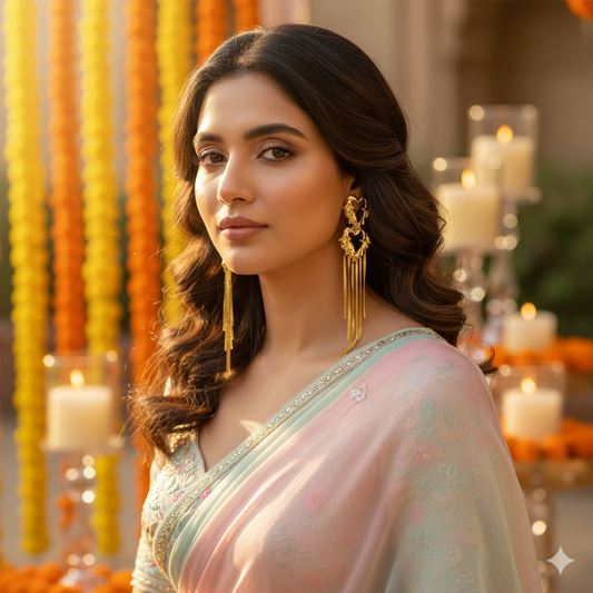 Gaurangi Radiant Gold-Plated Heart Dangler Earrings | Modern Long Tassel Statement Earrings for Women