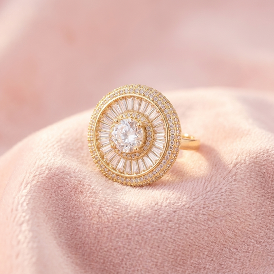 Radiant Sunburst Halo Cocktail Ring – Gold Statement Ring with Baguette & Round Stones | Luxury Party Wear