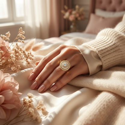 Radiant Sunburst Halo Cocktail Ring – Gold Statement Ring with Baguette & Round Stones | Luxury Party Wear