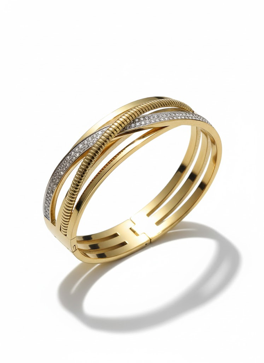 Gold Crossover Bangle Bracelet with Pavé Crystals & Rope Texture