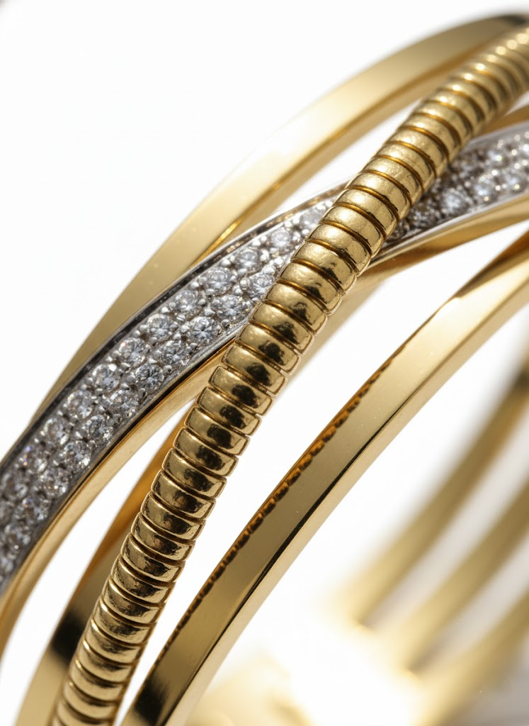 Gold Crossover Bangle Bracelet with Pavé Crystals & Rope Texture